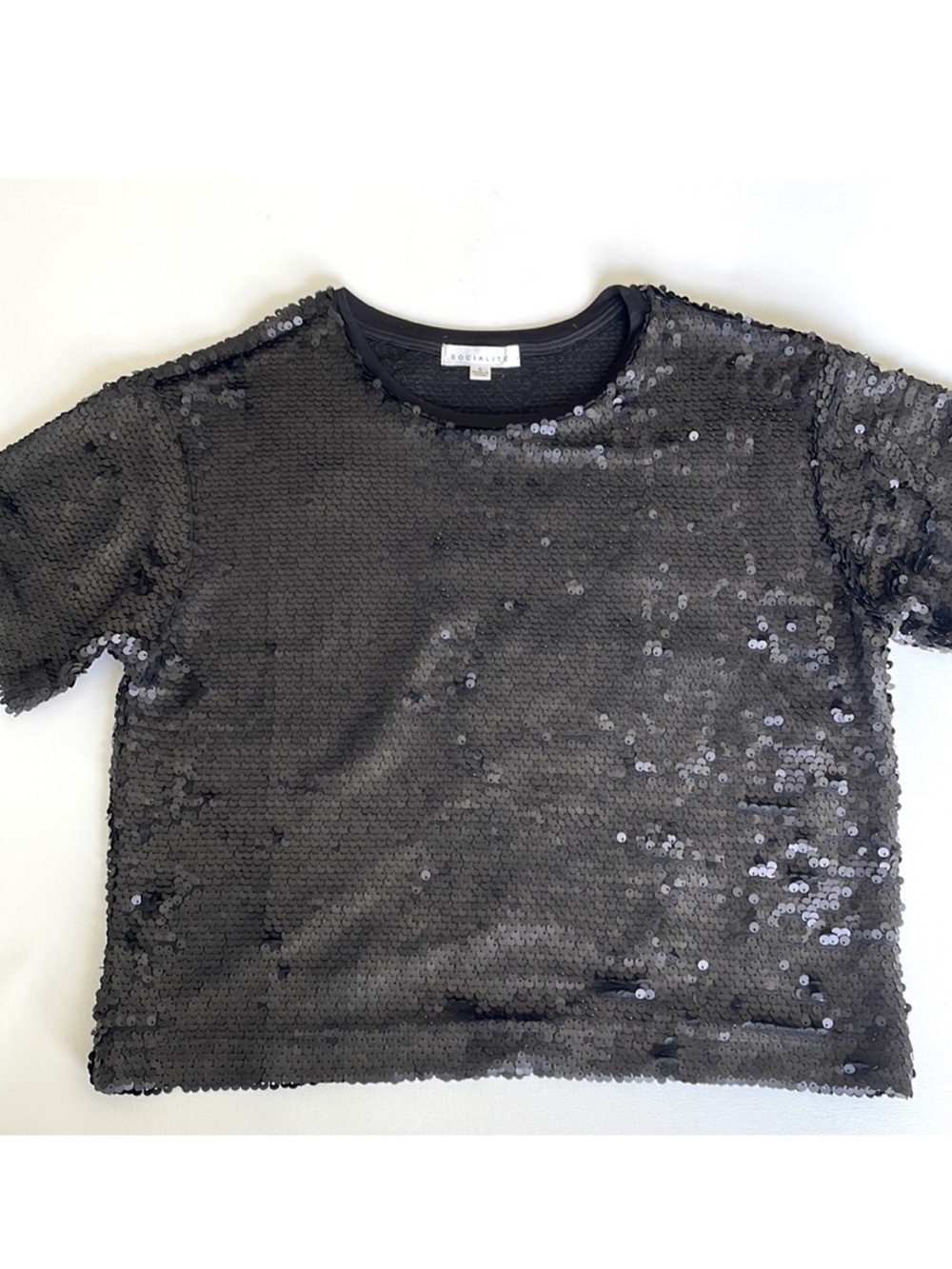 Socialite Black Short Sleeve Sequin Top Tee Small